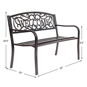 S AFSTAR Garden Bench, Outdoor Metal Porch Bench for Park Garden Yard, Patio Bench with Weather-Resistant Cast Iron Backrest and Welcome Pattern, Front Door Bench Park Bench for Outside (Bronze)