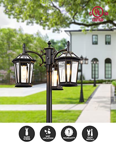 VIANIS Outdoor Lamp Post Lights with Dusk to Dawn Sensor, Triple Head Street Pole Light Fixtures Waterproof, Outside Electric Lantern Backyard Lighting, Christmas Lamp Post for Garden Patio Driveway