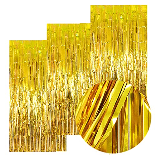 3Packs 3.2ft x 8.2ft Gold Foil Fringe Curtains, Gold Streamers Backdrop, Gold Metallic Tinsel Curtains Golden Backdrop for Bachelorette Engagement Wedding Birthday Golden Party Decorations