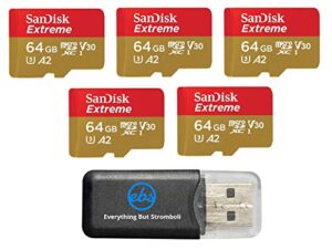 sandisk extreme 64gb (5 pack) microsd memory card for dji mavic mini 2, mavic mini, mavic air 2 drone – c10 a2 v30 sdxc (sdsqxa2-064g-gn6mn) bundle with (1) everything but stromboli micro card reader