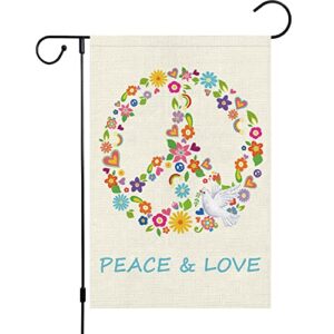 peace and love garden flag 12×18 double sided, small burlap pray pigeon floral garden yard flags world peace on earth sign hope flag for seasonal outside outdoor hippie decor (only flag)