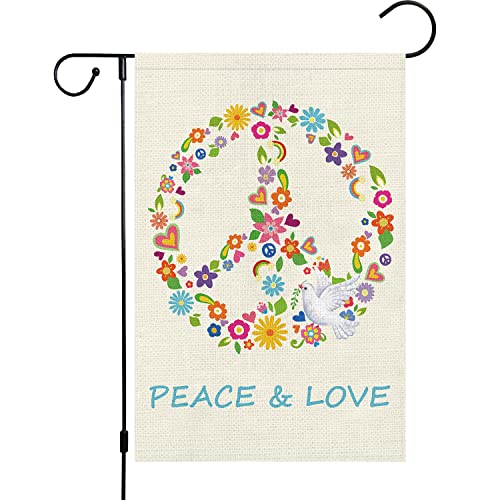 Peace and Love Garden Flag 12x18 Double Sided, Small Burlap Pray Pigeon Floral Garden Yard Flags World Peace on Earth Sign Hope Flag for Seasonal Outside Outdoor Hippie Decor (ONLY FLAG)