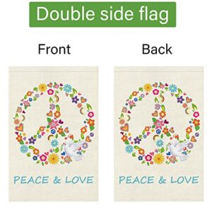 Peace and Love Garden Flag 12x18 Double Sided, Small Burlap Pray Pigeon Floral Garden Yard Flags World Peace on Earth Sign Hope Flag for Seasonal Outside Outdoor Hippie Decor (ONLY FLAG)