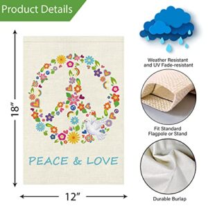 Peace and Love Garden Flag 12x18 Double Sided, Small Burlap Pray Pigeon Floral Garden Yard Flags World Peace on Earth Sign Hope Flag for Seasonal Outside Outdoor Hippie Decor (ONLY FLAG)