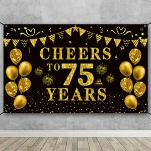 trgowaul 75th birthday decorations for women men, cheers to 75 years banner, black gold 75th birthday backdrop, 75th wedding anniversary decorations for couple, party sipplies photography background