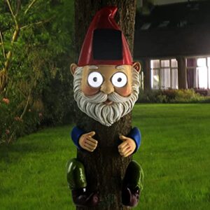 Gnome Solar Tree Hugger Sculpture with LED Lights for Outdoor Decoration - Funny Figurine for Lawn, Yard, and Garden