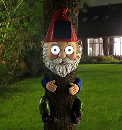 Gnome Solar Tree Hugger Sculpture with LED Lights for Outdoor Decoration - Funny Figurine for Lawn, Yard, and Garden