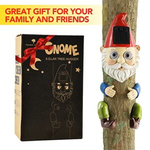 Gnome Solar Tree Hugger Sculpture with LED Lights for Outdoor Decoration - Funny Figurine for Lawn, Yard, and Garden