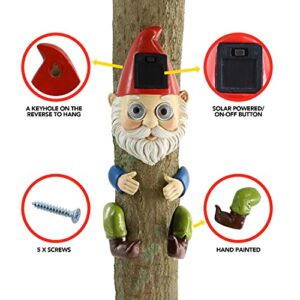 Gnome Solar Tree Hugger Sculpture with LED Lights for Outdoor Decoration - Funny Figurine for Lawn, Yard, and Garden