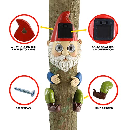 Gnome Solar Tree Hugger Sculpture with LED Lights for Outdoor Decoration - Funny Figurine for Lawn, Yard, and Garden