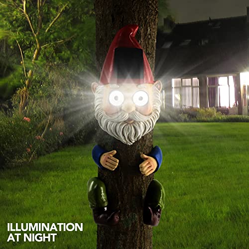 Gnome Solar Tree Hugger Sculpture with LED Lights for Outdoor Decoration - Funny Figurine for Lawn, Yard, and Garden