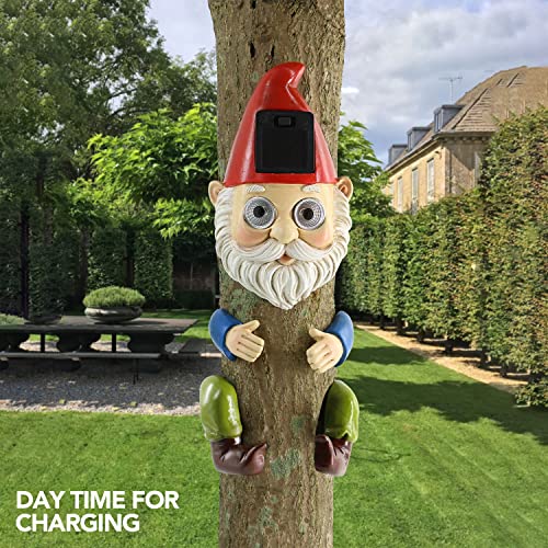 Gnome Solar Tree Hugger Sculpture with LED Lights for Outdoor Decoration - Funny Figurine for Lawn, Yard, and Garden