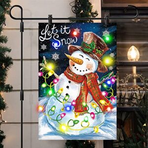 snowman merry christmas garden flags with led string lights 12×18 inch double sided small vertical yard flag christmas outside decor for christmas winter holiday party garden patio lawn decoration(snowman)
