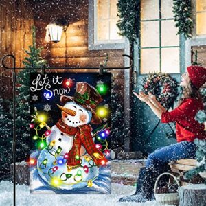 Snowman Merry Christmas Garden Flags with Led String Lights 12x18 Inch Double Sided Small Vertical Yard Flag Christmas Outside Decor for Christmas Winter Holiday Party Garden Patio Lawn Decoration(Snowman)