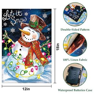 Snowman Merry Christmas Garden Flags with Led String Lights 12x18 Inch Double Sided Small Vertical Yard Flag Christmas Outside Decor for Christmas Winter Holiday Party Garden Patio Lawn Decoration(Snowman)