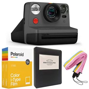 polaroid now i-type instant camera – black + polaroid color i-type film (16 sheets) + black album + neck strap – gift bundle