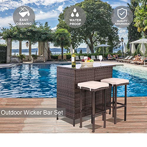 Polar Aurora 3PCS Patio Bar Set with Stools and Glass Top Table Patio Wicker Outdoor Furniture with Beige Removable Cushions for Backyards, Porches, Gardens or Poolside