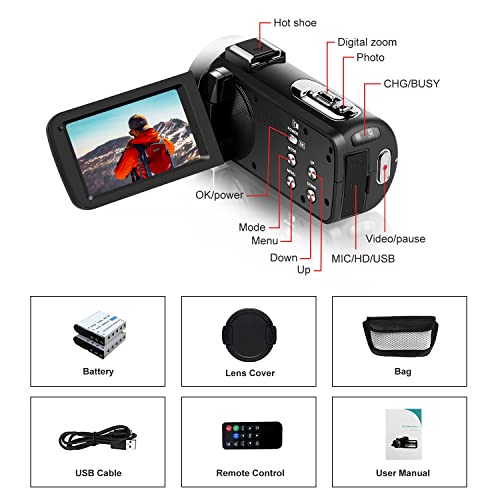 Video Camera,Camcorder Full HD 1080P 30FPS 24.0 MP Vlogging Camera, IR Night Vision Camcorder Recorder, 16X Zoom Camcorders, YouTube Camera with Remote Control