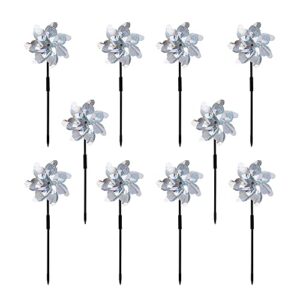 10 pack reflective pinwheels with plastic stakes| 19.7 inch pre-assembled sparkle pin wheel set | scare off birds and animals away | decorative for garden, yard, lawn