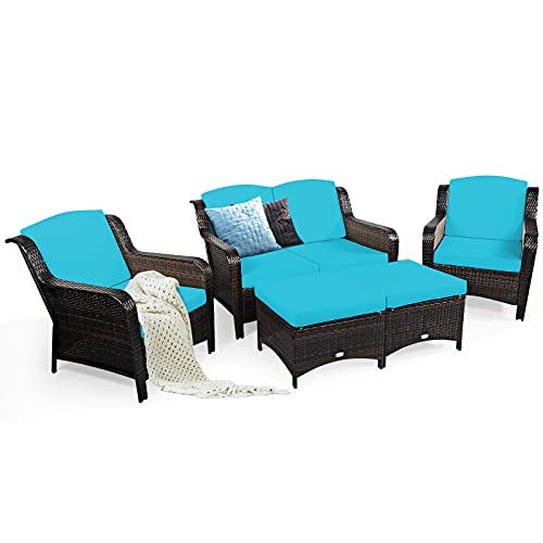 Tangkula 5 Pieces Patio Furniture Set, Outdoor Rattan Conversation Sofa Set with Loveseat, Single Sofas and Ottoman, Sectional Sofa Set with Removable Cushions for Porch, Backyard, Balcony, Lawn