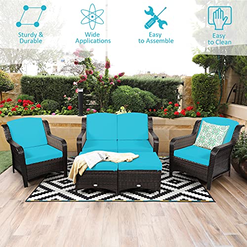 Tangkula 5 Pieces Patio Furniture Set, Outdoor Rattan Conversation Sofa Set with Loveseat, Single Sofas and Ottoman, Sectional Sofa Set with Removable Cushions for Porch, Backyard, Balcony, Lawn