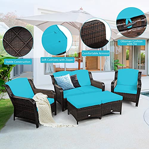 Tangkula 5 Pieces Patio Furniture Set, Outdoor Rattan Conversation Sofa Set with Loveseat, Single Sofas and Ottoman, Sectional Sofa Set with Removable Cushions for Porch, Backyard, Balcony, Lawn