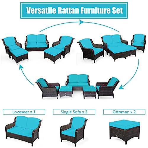 Tangkula 5 Pieces Patio Furniture Set, Outdoor Rattan Conversation Sofa Set with Loveseat, Single Sofas and Ottoman, Sectional Sofa Set with Removable Cushions for Porch, Backyard, Balcony, Lawn