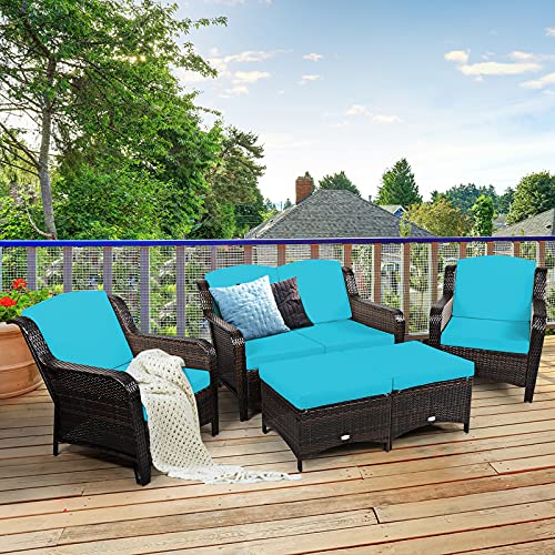 Tangkula 5 Pieces Patio Furniture Set, Outdoor Rattan Conversation Sofa Set with Loveseat, Single Sofas and Ottoman, Sectional Sofa Set with Removable Cushions for Porch, Backyard, Balcony, Lawn