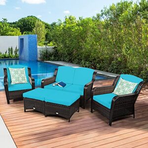 Tangkula 5 Pieces Patio Furniture Set, Outdoor Rattan Conversation Sofa Set with Loveseat, Single Sofas and Ottoman, Sectional Sofa Set with Removable Cushions for Porch, Backyard, Balcony, Lawn