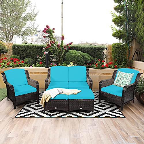 Tangkula 5 Pieces Patio Furniture Set, Outdoor Rattan Conversation Sofa Set with Loveseat, Single Sofas and Ottoman, Sectional Sofa Set with Removable Cushions for Porch, Backyard, Balcony, Lawn