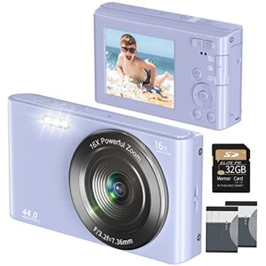 digital camera 4k 44mp compact point and shoot camera with 16x digital zoom 32gb sd card,kids camera 2.4 inch, vlogging camera for teens students boys girls seniors(purple2)