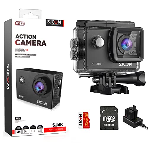 SJCAM SJ4000 Action Camera 4K30fps WiFi Camera, 40MP UHD image, 170°FOV 5X Digital Zoom, Stabilization, Underwater 98ft Waterproof Camera with 2 Batteries,32G SD Card and Helmet Mount Accessories Kits