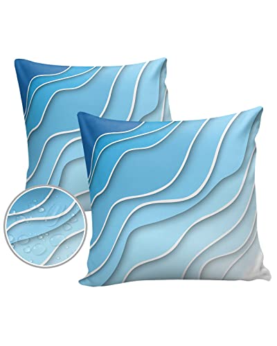 Blue White Ombre Outdoor Pillow Covers 16 x 16 Inches, Winter Blue Waterproof Throw Pillow Cover Set of 2, Geometric Modern Abstract Art Home Decorative Square Cushion Covers for Patio/Tent/Garden