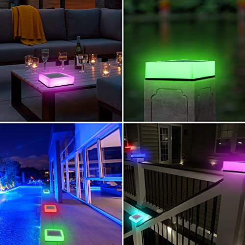 LINQELLY Solar Post Caps Lights, RGB Changing Color Solar Post Lights Outdoor, IP65 Waterproof Solar Powered Fence Deck Post Cap Lights for Garden Deck Patio (2 Pack)