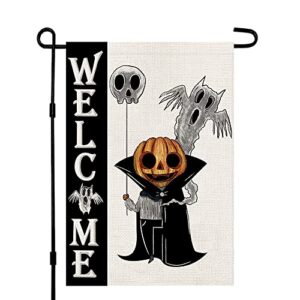 halloween welcome garden flag burlap double sided vertical 12×18 inch spooky white ghost jack lantern pumpkin yard decor df108