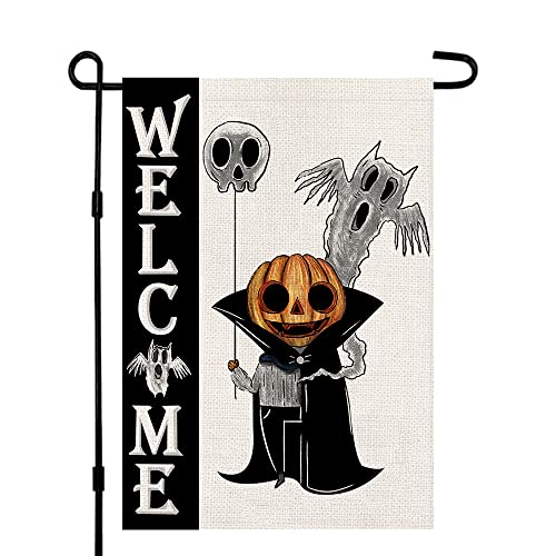 Halloween Welcome Garden Flag Burlap Double Sided Vertical 12×18 Inch Spooky White Ghost Jack Lantern Pumpkin Yard Decor DF108