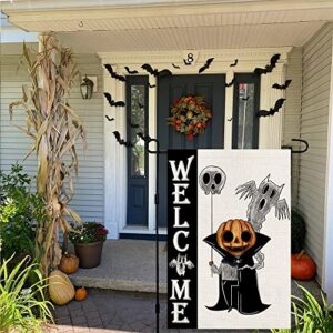 Halloween Welcome Garden Flag Burlap Double Sided Vertical 12×18 Inch Spooky White Ghost Jack Lantern Pumpkin Yard Decor DF108