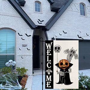 Halloween Welcome Garden Flag Burlap Double Sided Vertical 12×18 Inch Spooky White Ghost Jack Lantern Pumpkin Yard Decor DF108