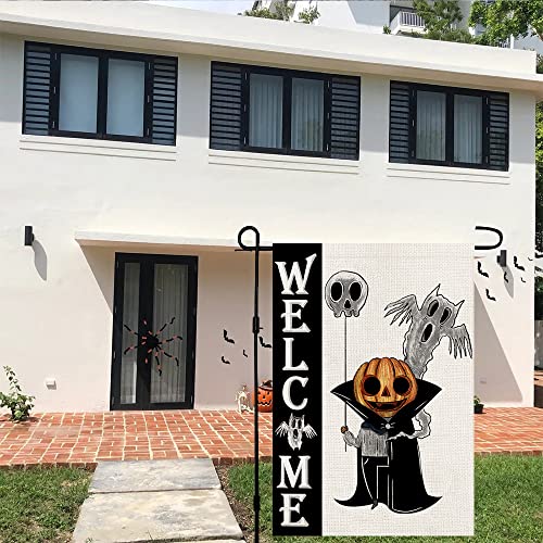 Halloween Welcome Garden Flag Burlap Double Sided Vertical 12×18 Inch Spooky White Ghost Jack Lantern Pumpkin Yard Decor DF108