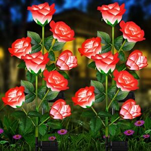 BUCASA Solar Garden Lights Outdoor 4 Pack, Upgraded Waterproof Solar Powered Outdoor Lights with 16 Rose Flowers, Bright Color Changing Solar Flower Lights for Pathway Walkway Patio Yard Lawn