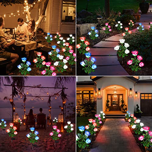 BUCASA Solar Garden Lights Outdoor 4 Pack, Upgraded Waterproof Solar Powered Outdoor Lights with 16 Rose Flowers, Bright Color Changing Solar Flower Lights for Pathway Walkway Patio Yard Lawn