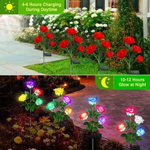 BUCASA Solar Garden Lights Outdoor 4 Pack, Upgraded Waterproof Solar Powered Outdoor Lights with 16 Rose Flowers, Bright Color Changing Solar Flower Lights for Pathway Walkway Patio Yard Lawn