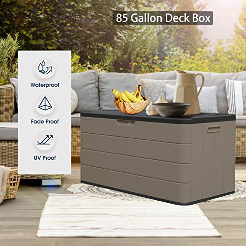 Diyokai 85 Gallon Resin Deck Box, Outdoor Storage Box for Patio Furniture Cushions,Garden Tools & Pool Toys, Lockable (Dark Brown)