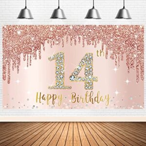 happy 14th birthday banner backdrop decorations for girls, rose gold 14 birthday party sign supplies, pink 14 year old birthday poster background photo booth props decor