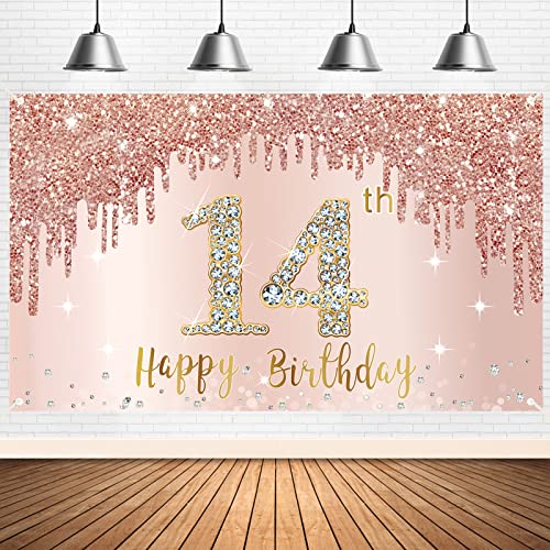 Happy 14th Birthday Banner Backdrop Decorations for Girls, Rose Gold 14 Birthday Party Sign Supplies, Pink 14 Year Old Birthday Poster Background Photo Booth Props Decor