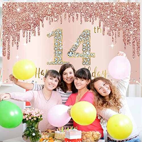 Happy 14th Birthday Banner Backdrop Decorations for Girls, Rose Gold 14 Birthday Party Sign Supplies, Pink 14 Year Old Birthday Poster Background Photo Booth Props Decor