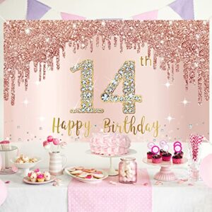 Happy 14th Birthday Banner Backdrop Decorations for Girls, Rose Gold 14 Birthday Party Sign Supplies, Pink 14 Year Old Birthday Poster Background Photo Booth Props Decor