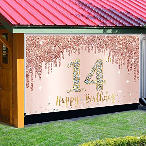 Happy 14th Birthday Banner Backdrop Decorations for Girls, Rose Gold 14 Birthday Party Sign Supplies, Pink 14 Year Old Birthday Poster Background Photo Booth Props Decor