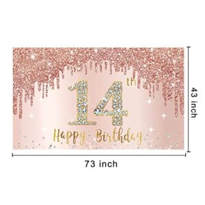 Happy 14th Birthday Banner Backdrop Decorations for Girls, Rose Gold 14 Birthday Party Sign Supplies, Pink 14 Year Old Birthday Poster Background Photo Booth Props Decor