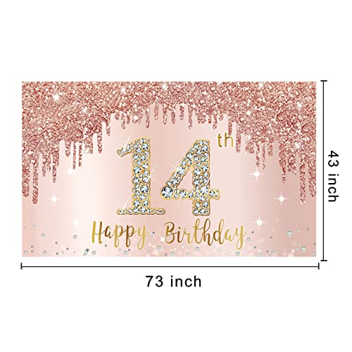 Happy 14th Birthday Banner Backdrop Decorations for Girls, Rose Gold 14 Birthday Party Sign Supplies, Pink 14 Year Old Birthday Poster Background Photo Booth Props Decor